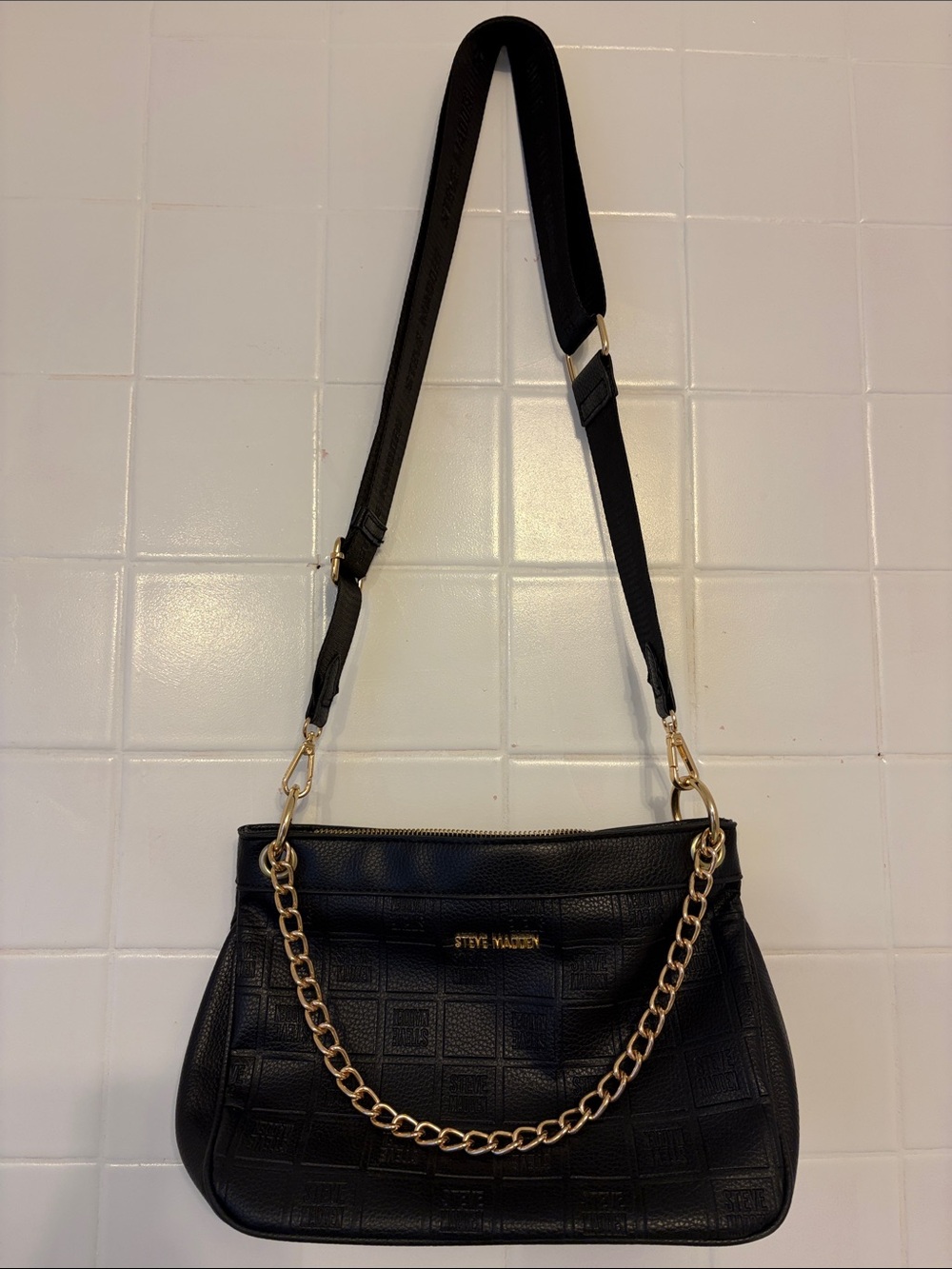 Steve Madden Black Shoulder Bag with Gold Chain Accent